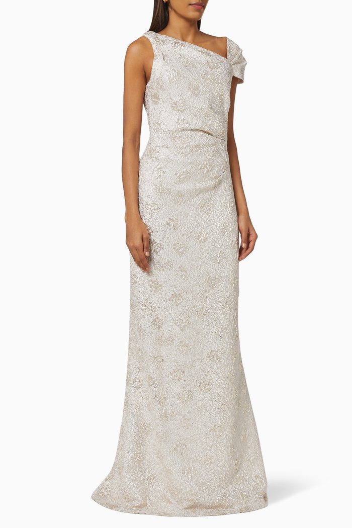 

Metallic Textured Gown in Floral Jacquard, Gold