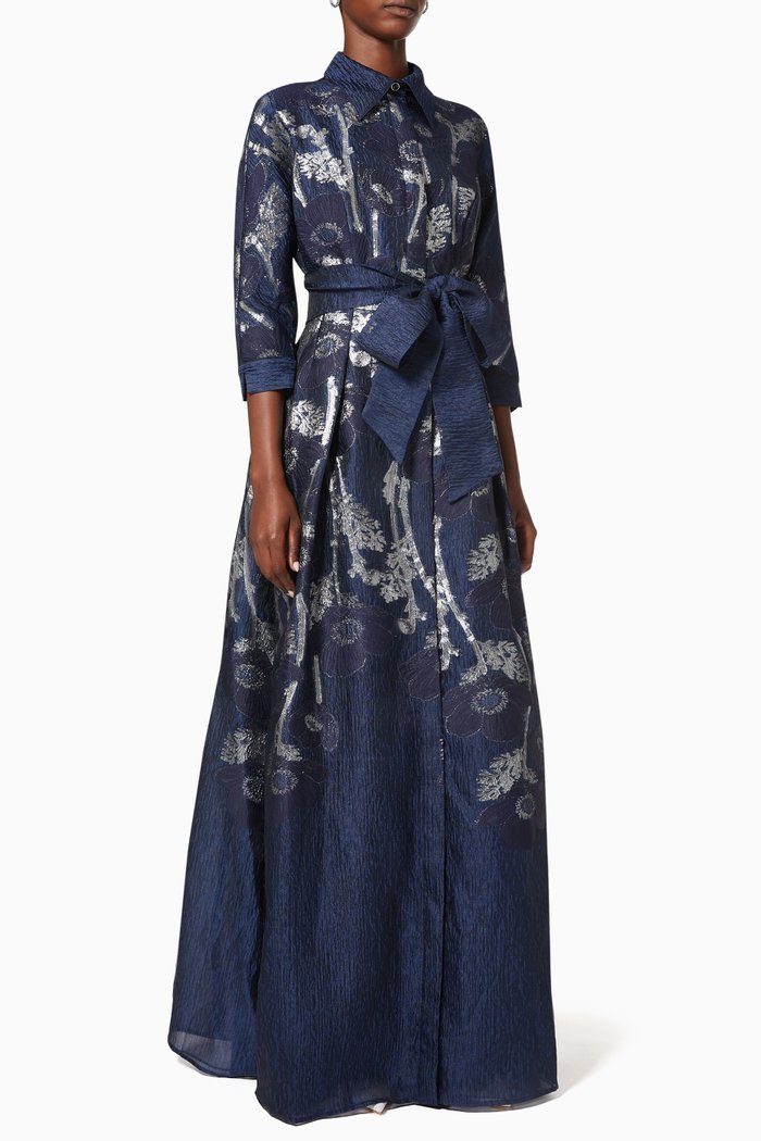 

Floral Shirt Shirtdress Gown in Metallic Jacquard, Blue