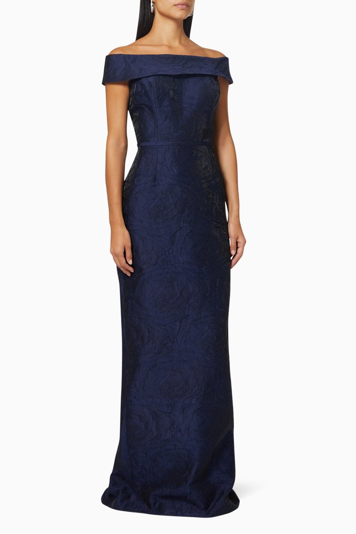 

Off Shoulder Gown in Jacquard, Blue
