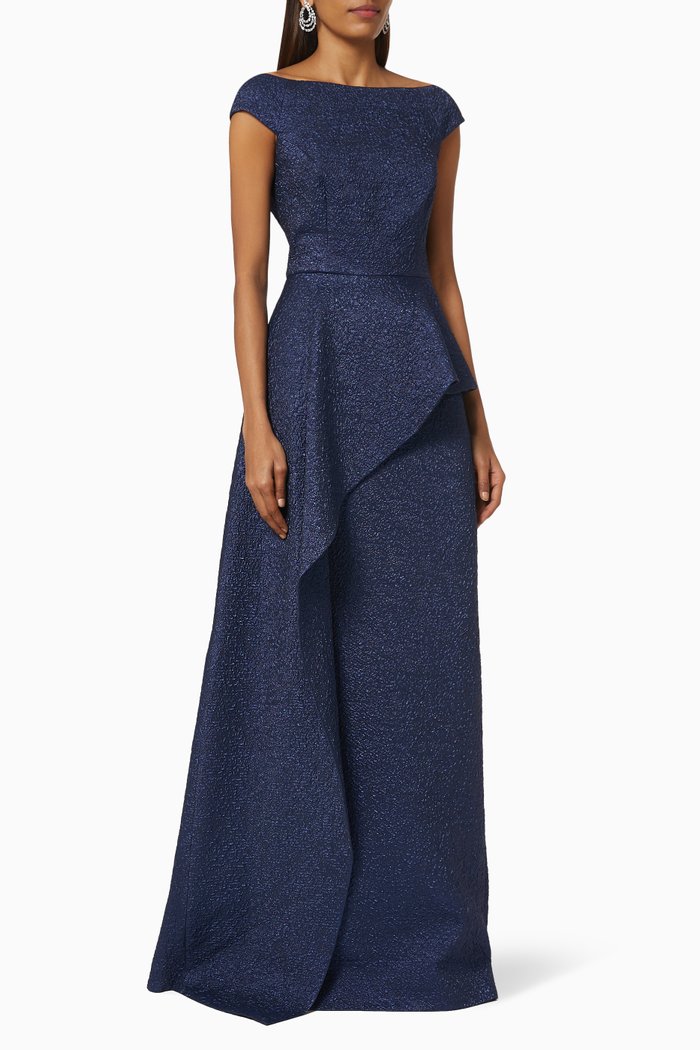 

Metallic Textured Gown in Jacquard, Blue