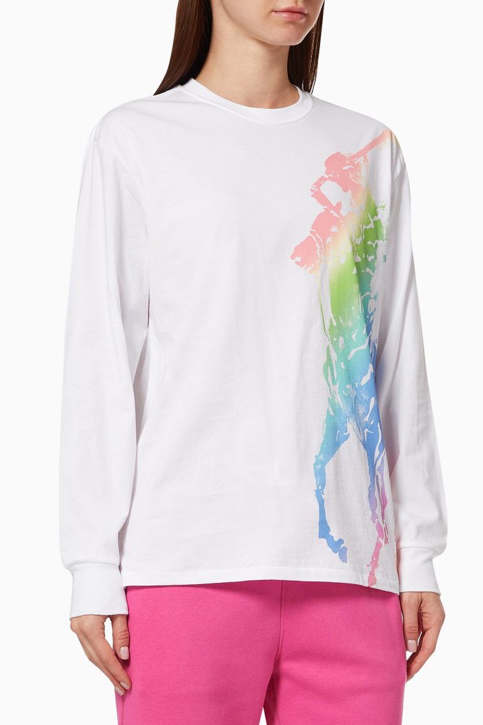 

Long-Sleeve Tee with Ombré Pony in Cotton, White