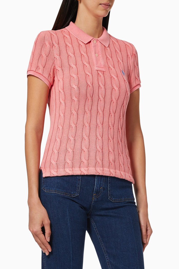 

Cable-Knit Polo Shirt in Cotton, Pink