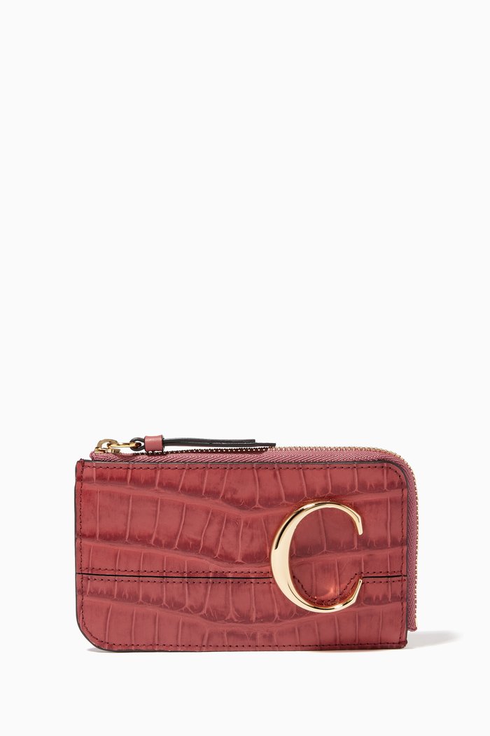 

Chloé C Coin Purse in Croc-embossed & Shiny Calfskin, Pink