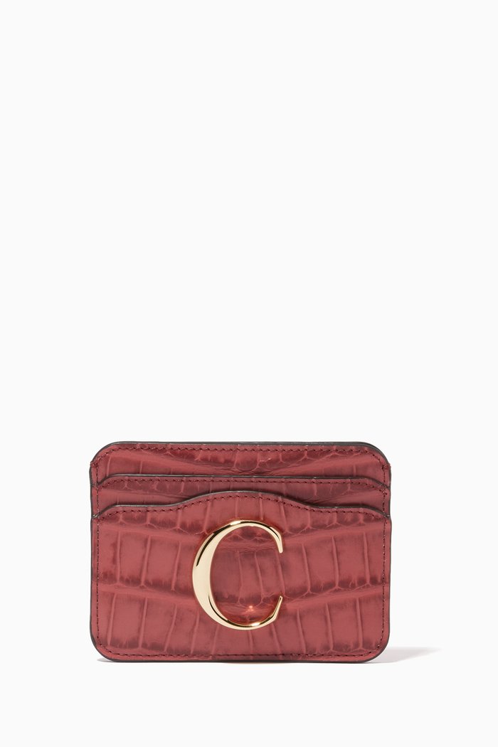 

Chloé C Card Holder in Croc-embossed & Shiny Calfskin, Pink