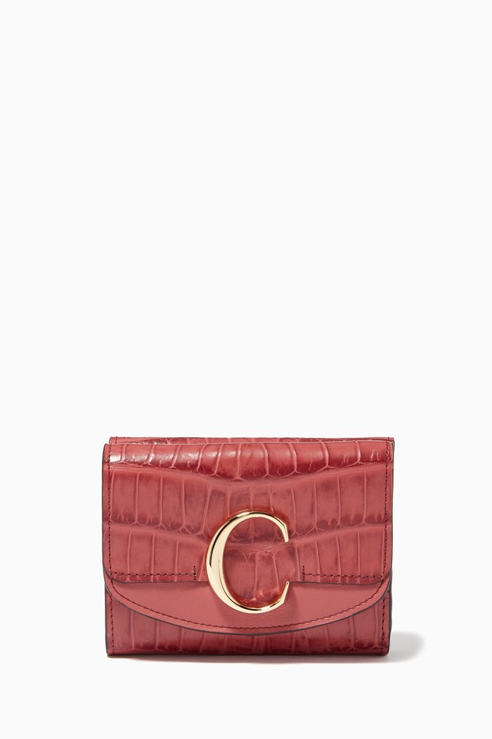 

Chloé C Small Trifold Wallet in Croc-embossed & Shiny Calfskin, Pink