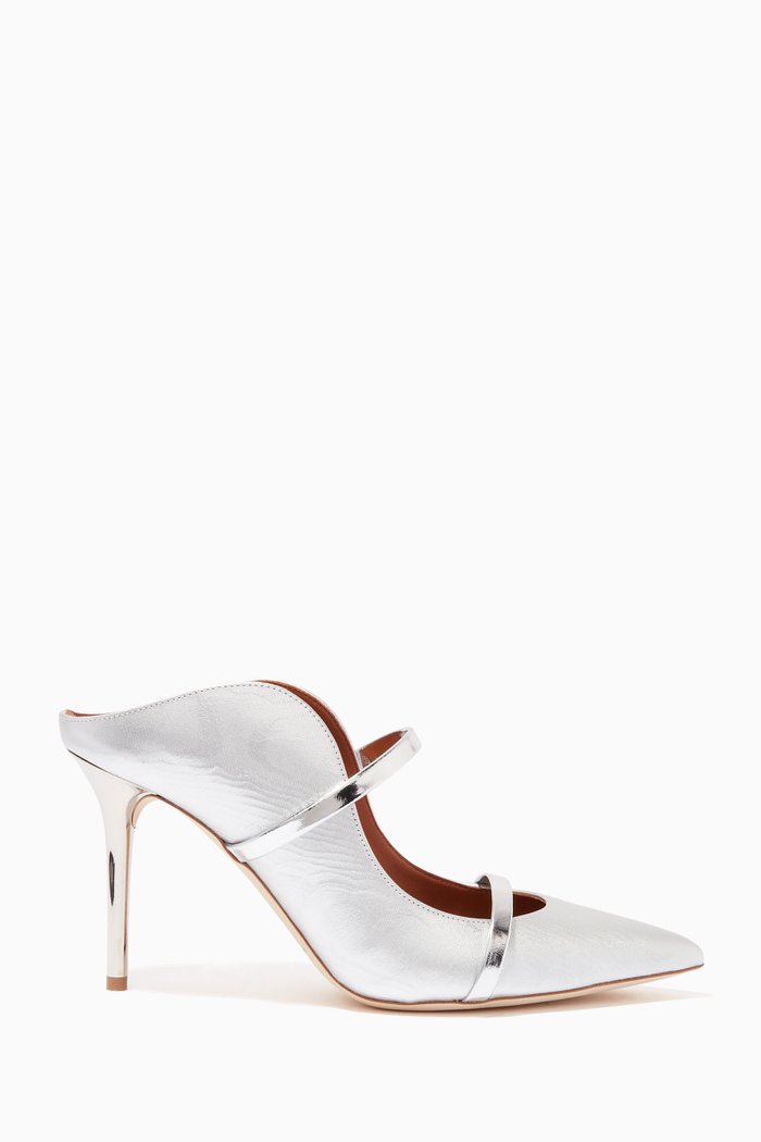 

Maureen 85 Mules in Metallic Nappa, Silver