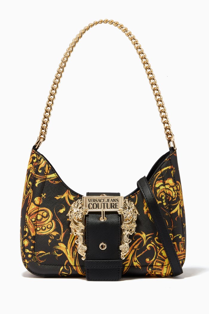 

Baroque Print Hobo Bag in PU Leather, Black