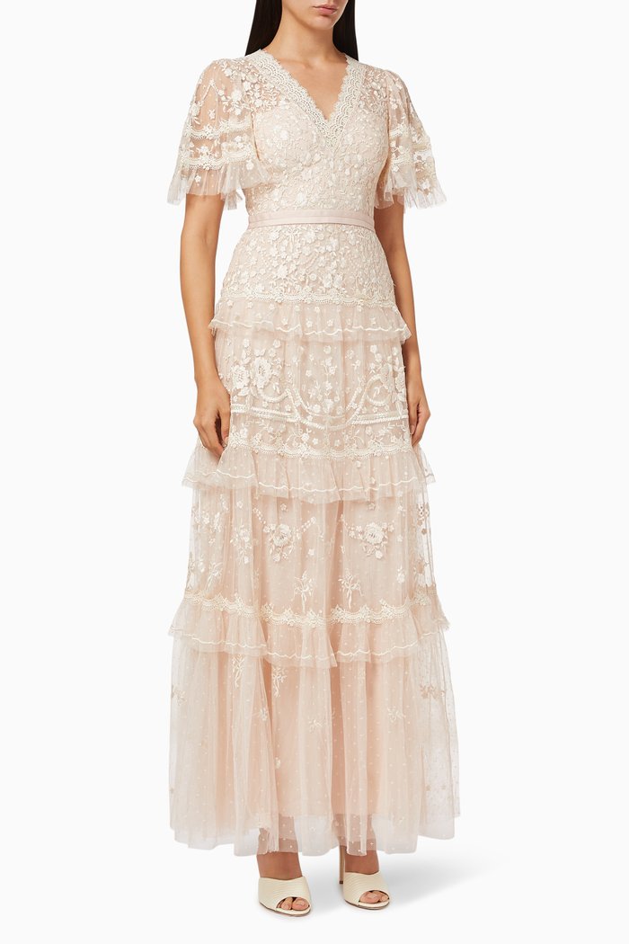 Francine Floral Gown in Tulle, Pink