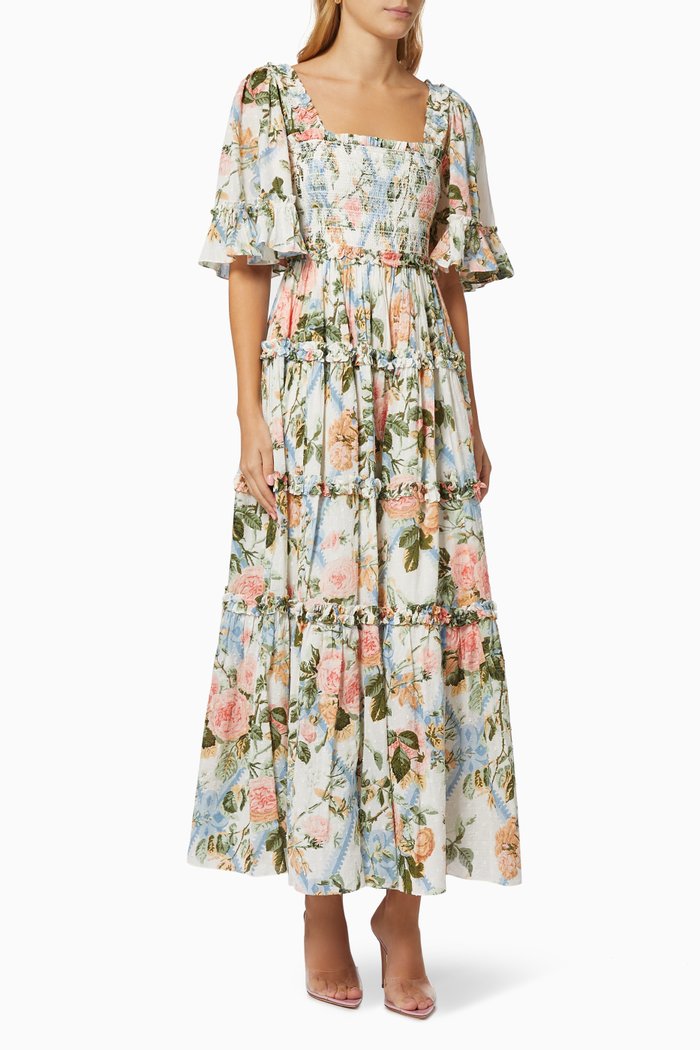 Rose Garden Smocked Ankle Gown in Cotton, Multicolour