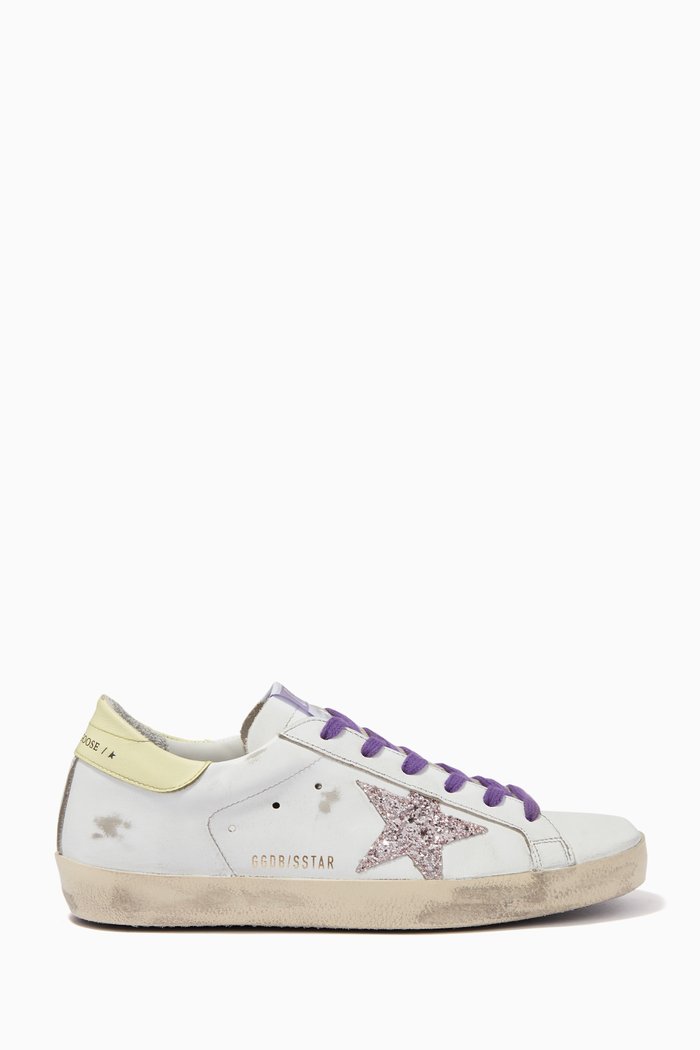 Super-Star Sneakers with Glitter Star in Leather, White