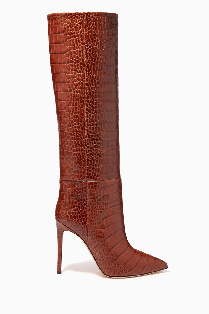 

Knee Boots in Croc-embossed Leather, Brown
