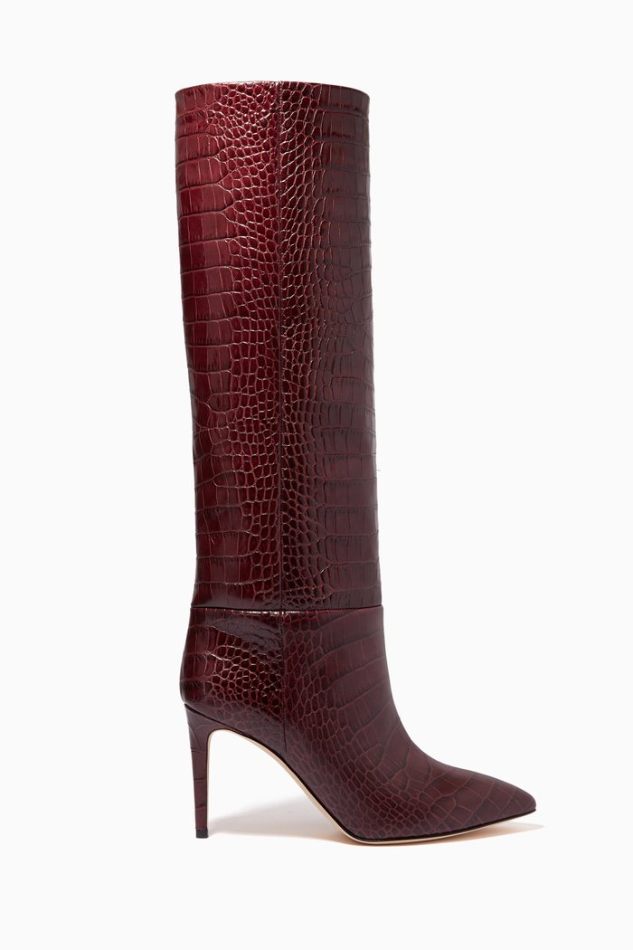 

Knee High Boots in Croc-embossed Leather, Burgundy