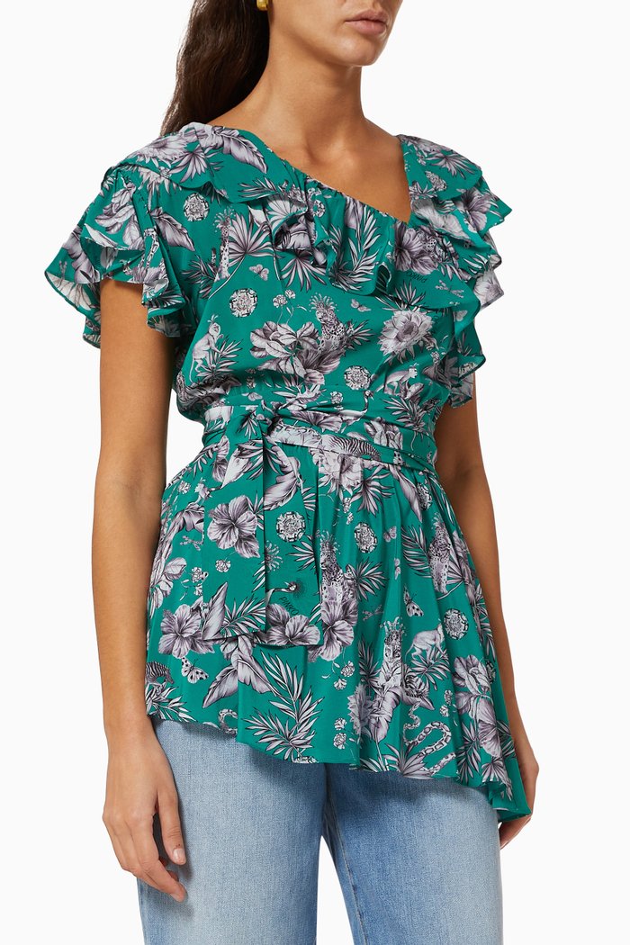 Cupido 1 Jungle Print Top in Georgette, Green