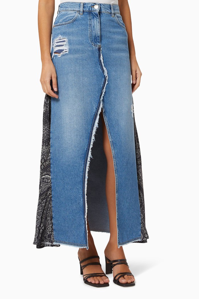 

Long Denim Skirt with Bandana-Print Inserts, Blue
