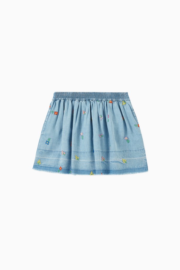 

Embroidered Flowers Denim Skirt, Blue