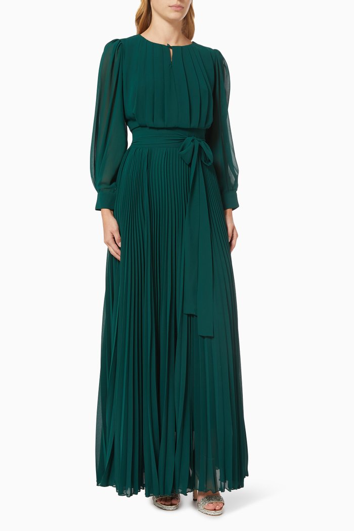 Pleated Belted Dress, Green