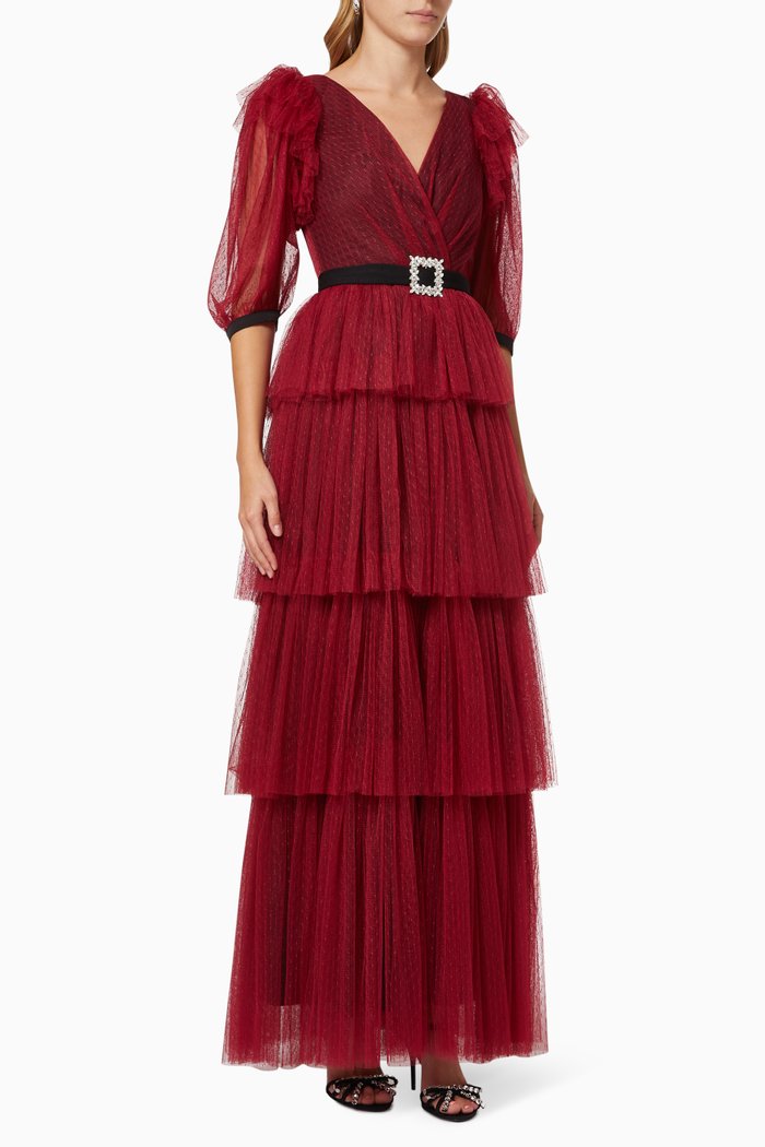 

Tiered Belted Dress, Burgundy