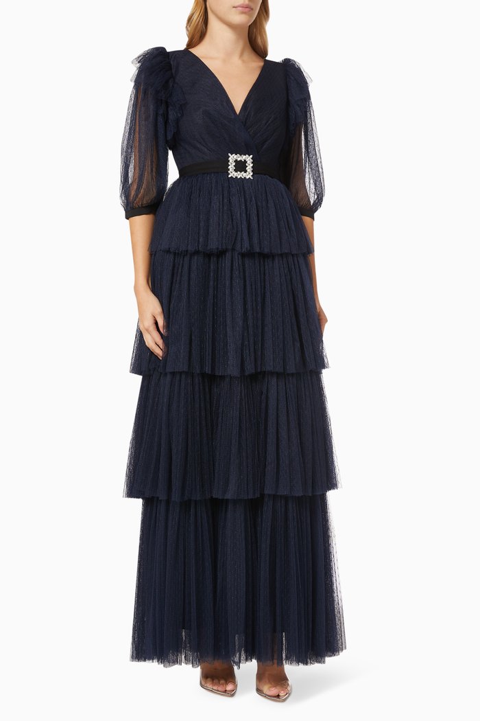 

Tiered Belted Dress, Blue