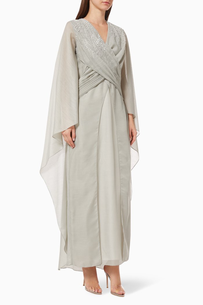 

Cross Over Dress with Beaded Embroidery, Grey