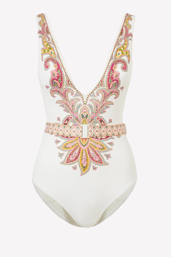 

Teddy Belted Plunge One Piece Swimsuit, White