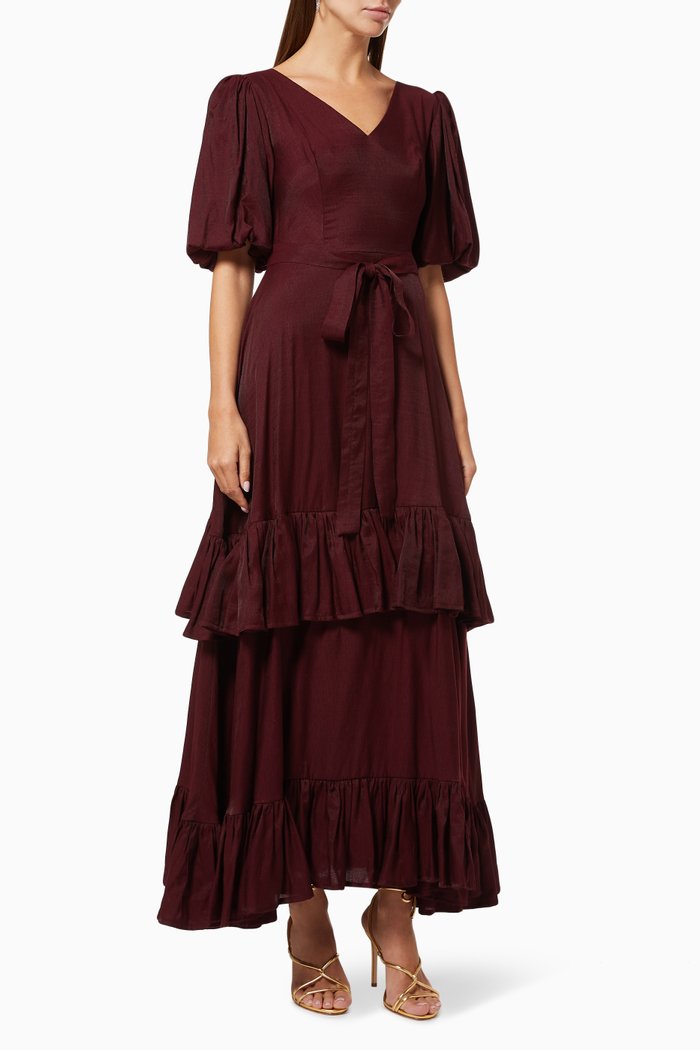 

Tiered Dress with Belt, Burgundy