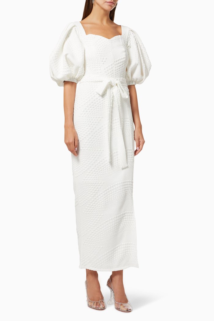 Puff Sleeve Textured Dress with Belt, Neutral
