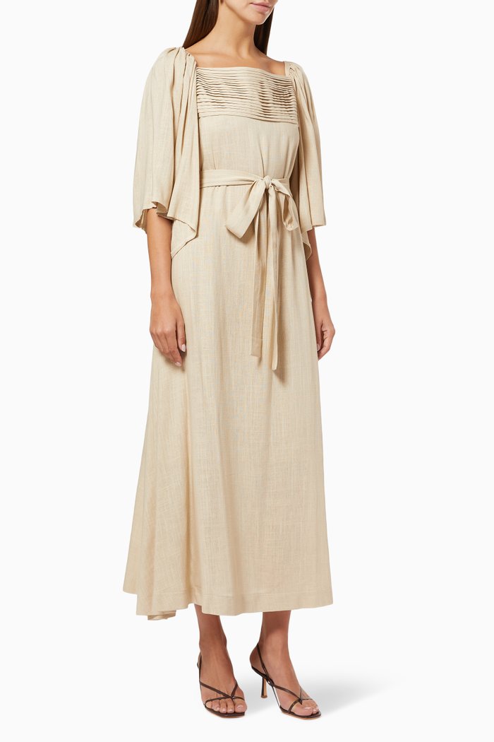 

Pleated Dress with Belt, Neutral