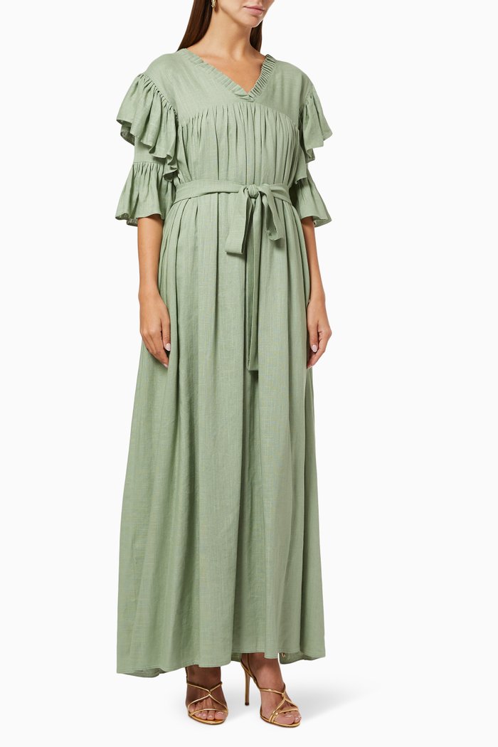 

Frill Gathered Dress with Belt, Green