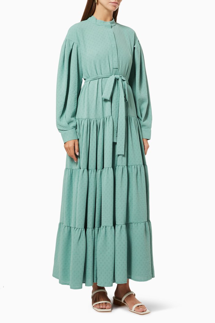 

Tiered Dress with Belt, Green