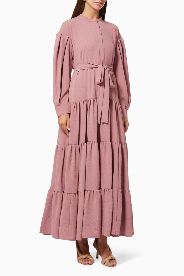 

Tiered Dress with Belt, Pink
