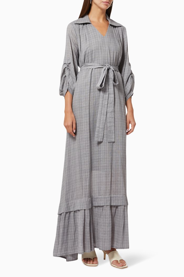 

Self Check Dress with Belt, Grey