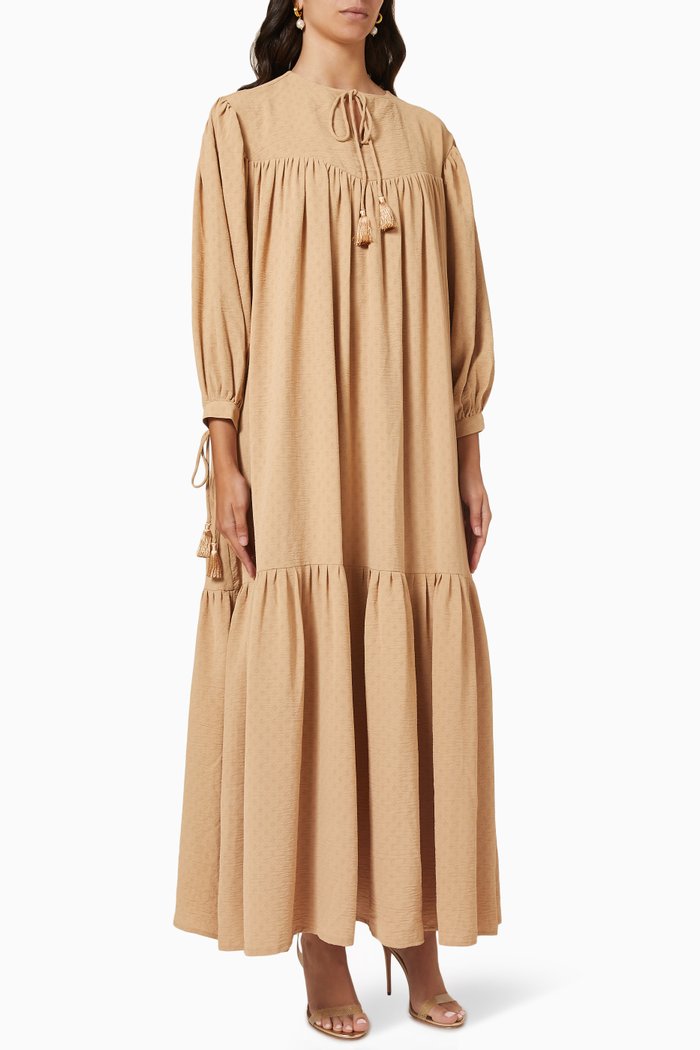 

Gathered Tiered Dress with Belt, Neutral