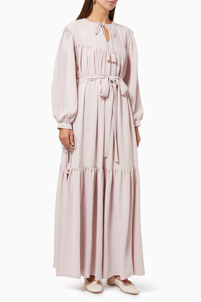 

Gathered Tiered Dress with Belt, Purple