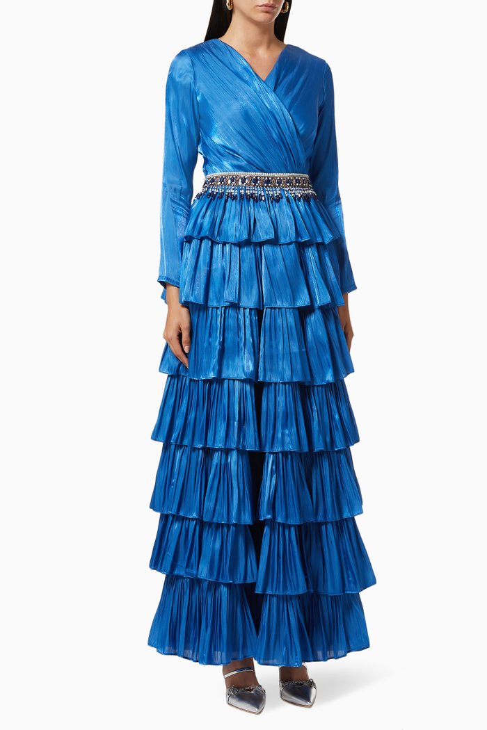 

Draped Tiered Dress with Beaded Belt, Blue