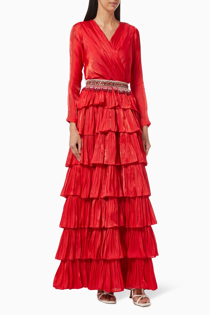 

Beaded Tiered Dress, Red