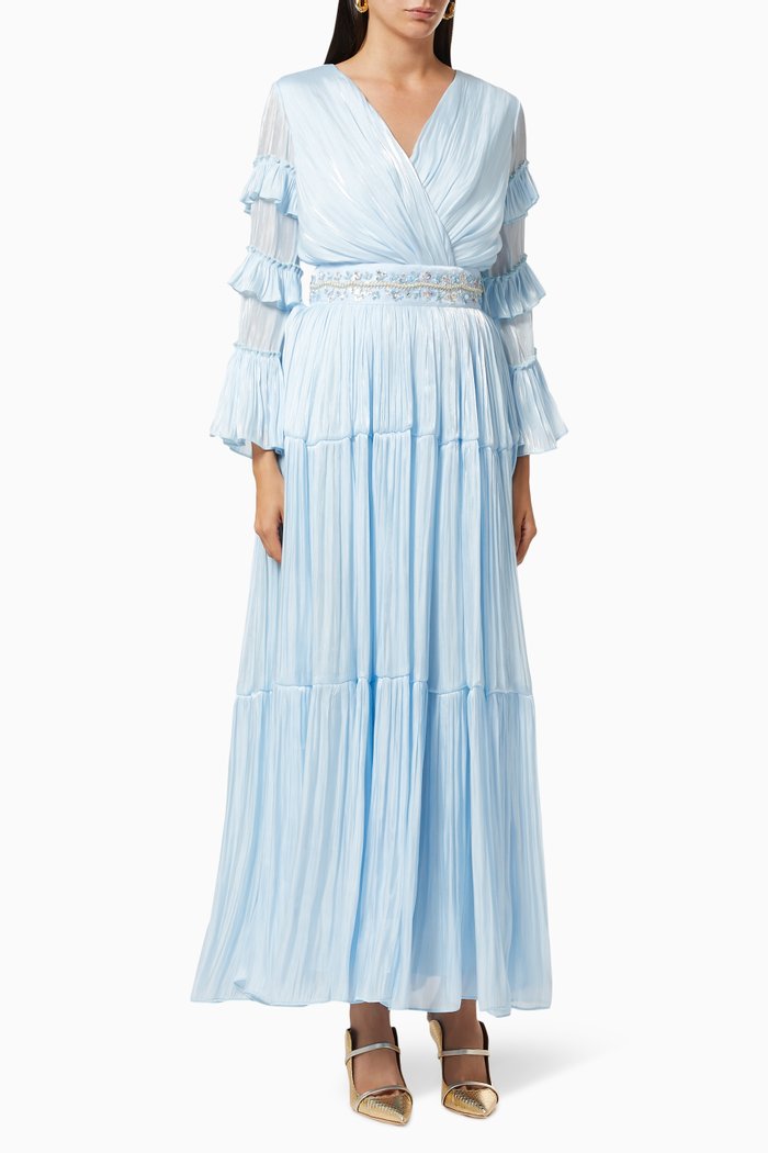 

Gathered Tiered Dress with Sequin Embroidery, Blue