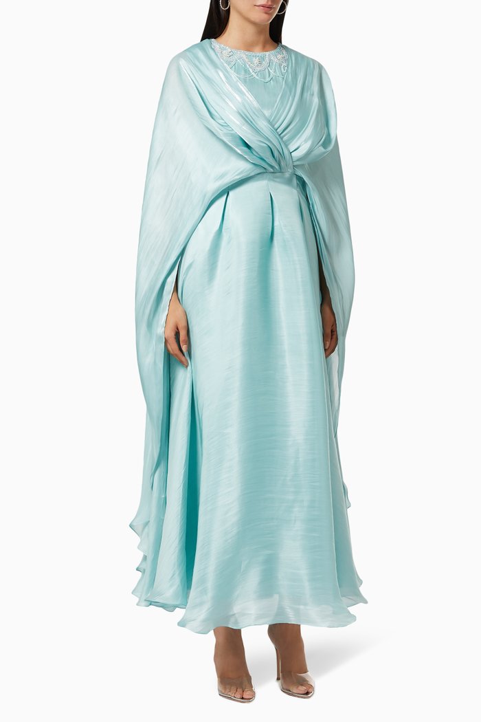 

Knotted Cape Dress with Beaded Embroidery, Green