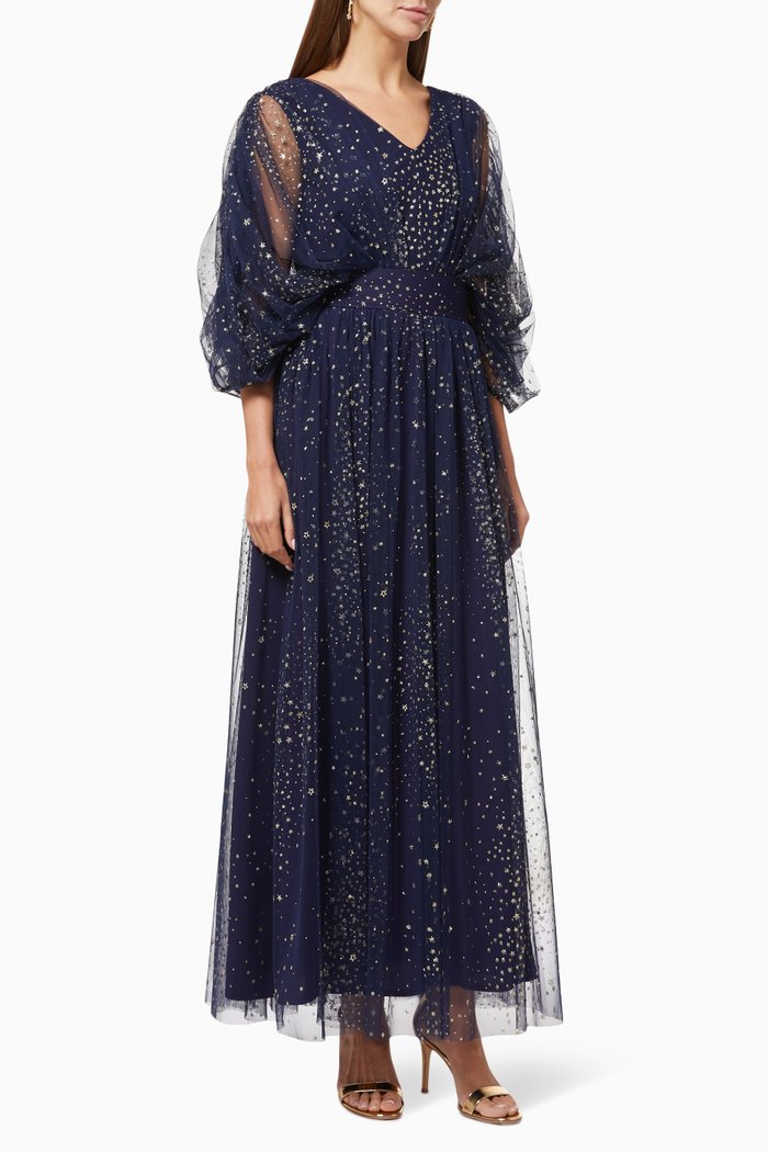 Glittery Dress with Belt, Blue