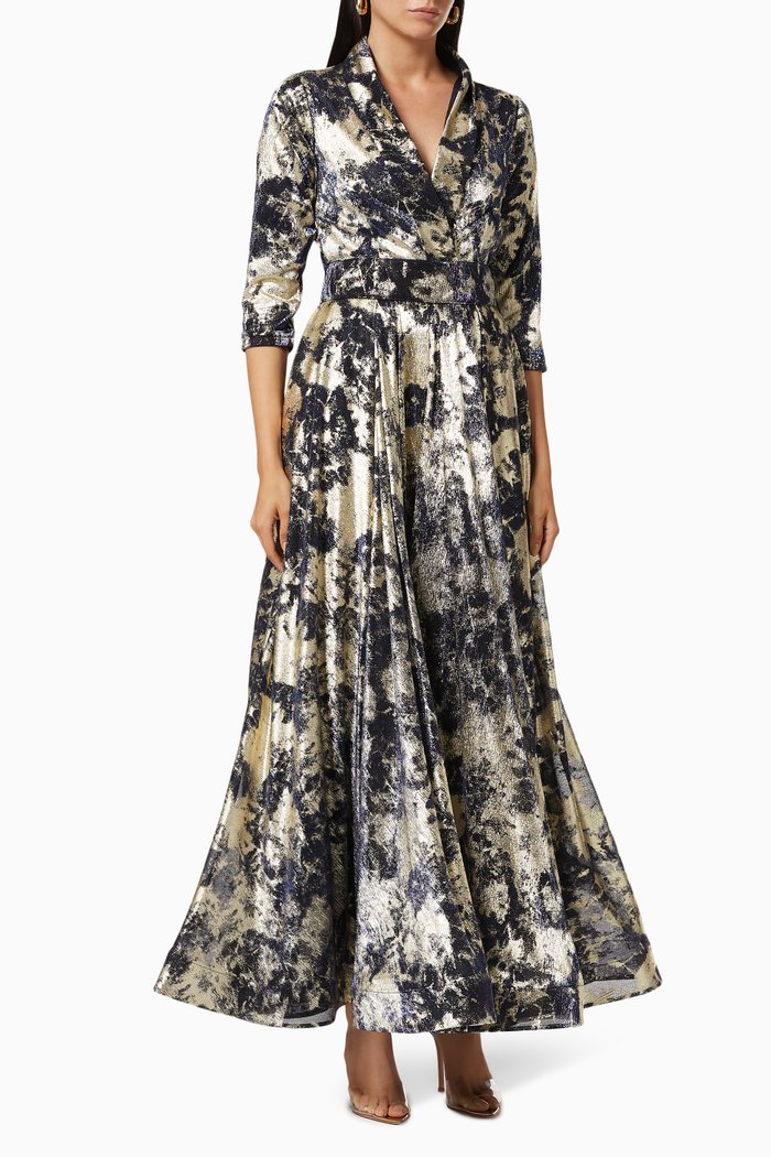 

Metallic Belted Dress with Pockets, Blue