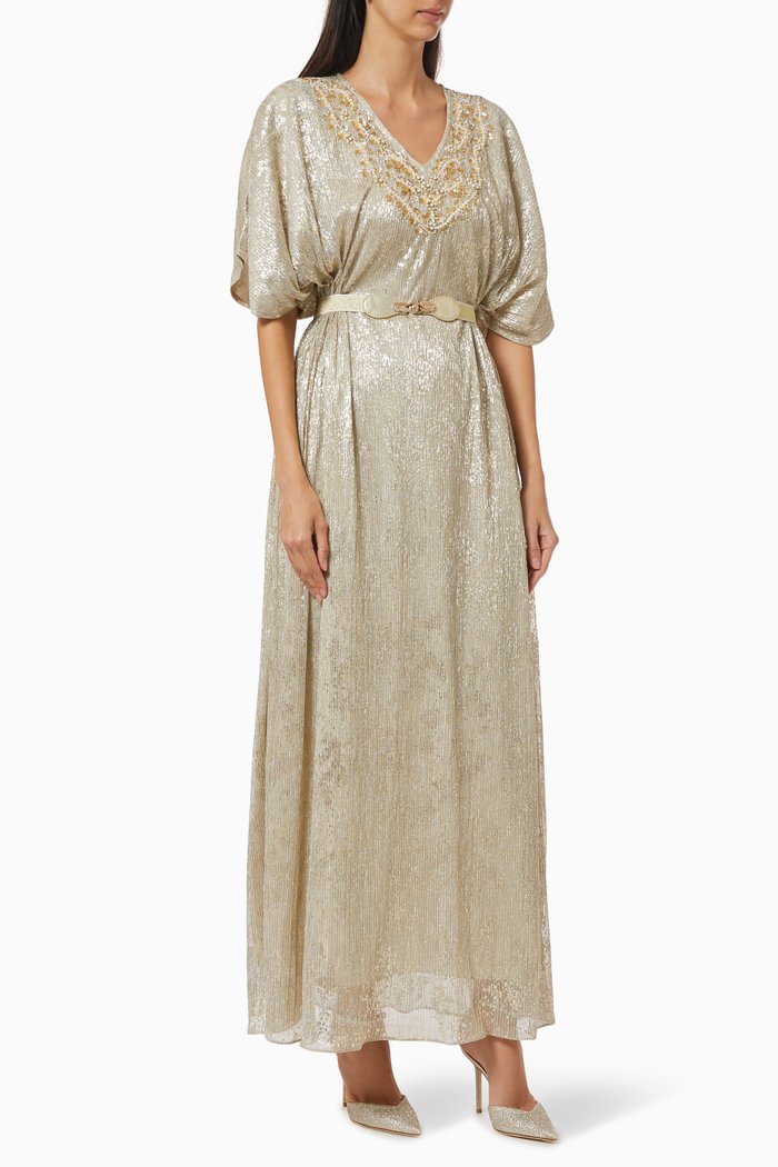 

Sequin Embroidered Dress with Belt, Gold