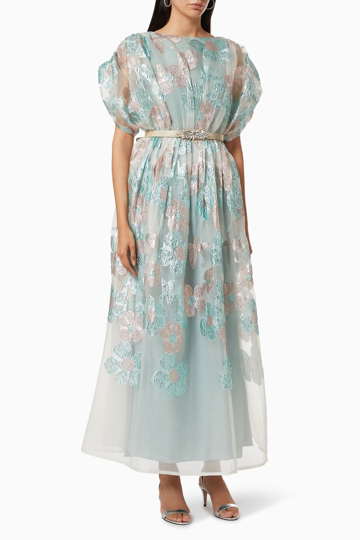 

Ruched Belted Dress with Floral Embroidery, Green