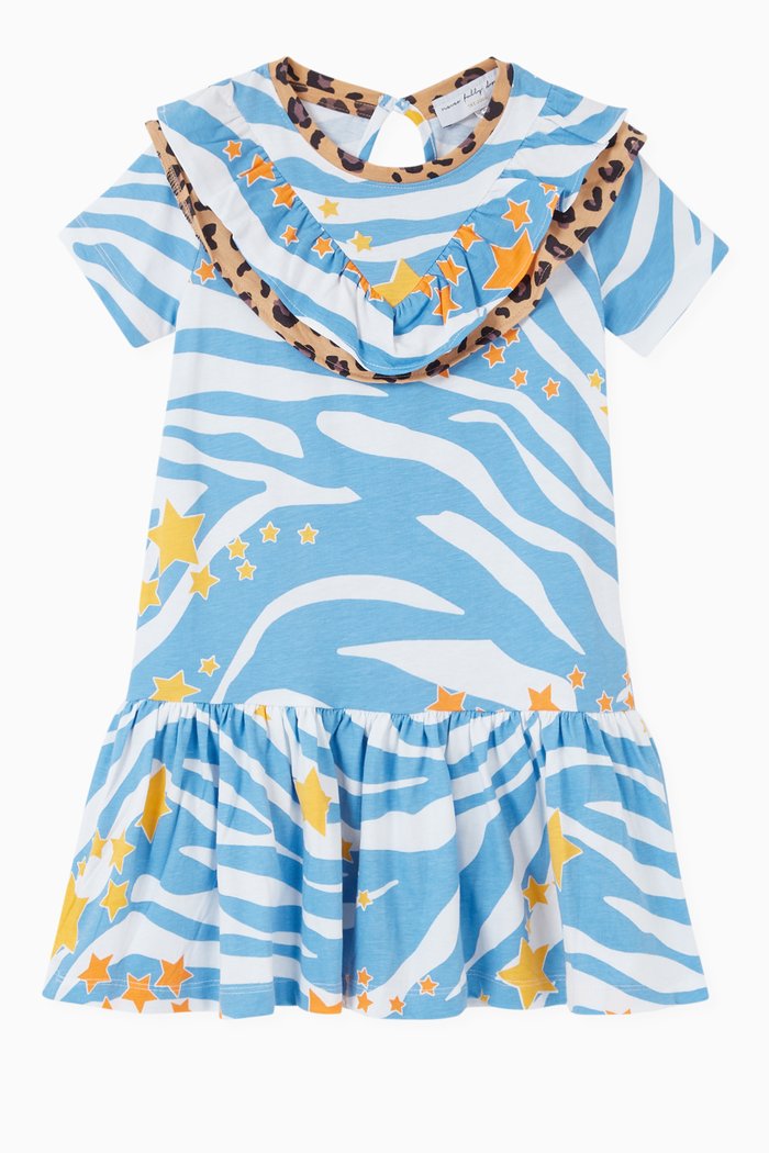 

Zebra Print Frill Dress in Organic Cotton Jersey, Blue