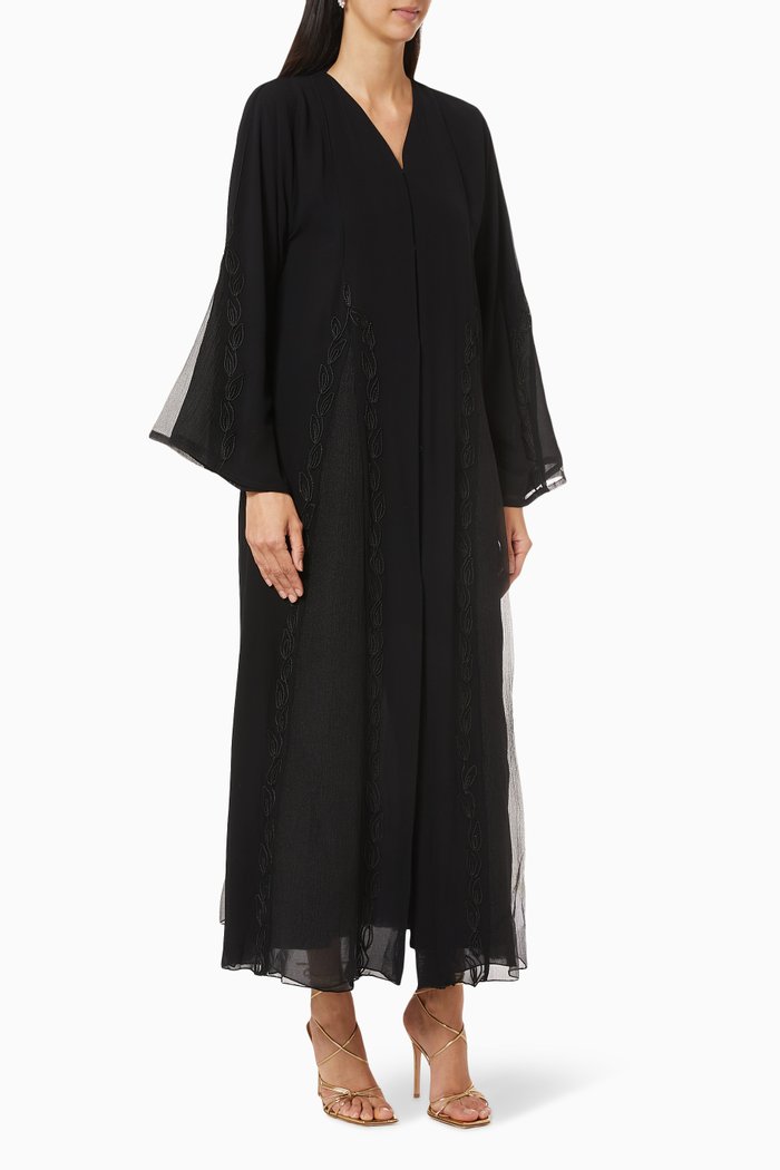 

Panelled Abaya with Leaf Embroidery, Black