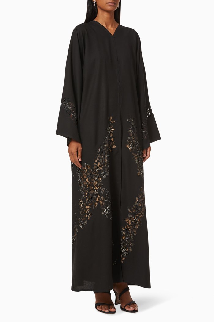 

Floral Cut-out Abaya with Beaded Embroidery, Black