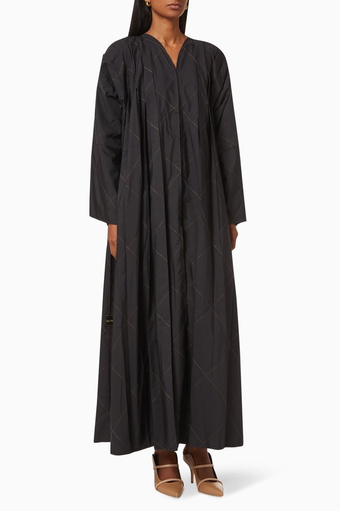 

Pleated Abaya with Contrast Embroidery, Black