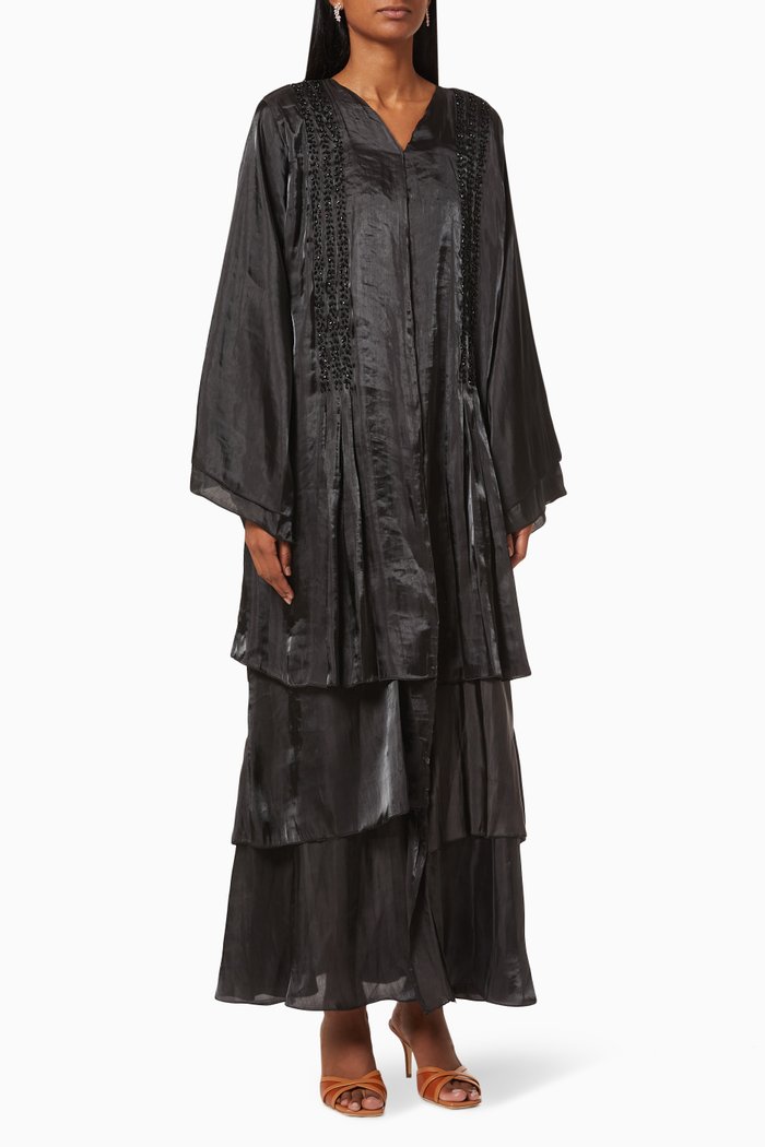 

Tiered Abaya with Beaded Embroidery, Black