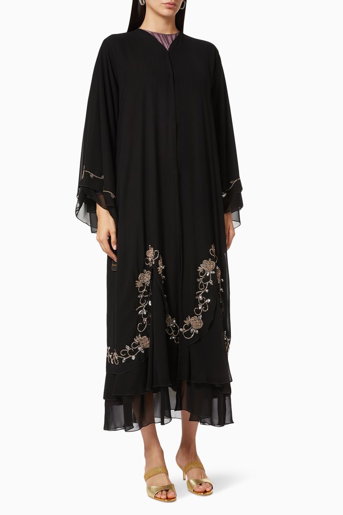 

Abaya with Floral Beaded Embroidery, Black