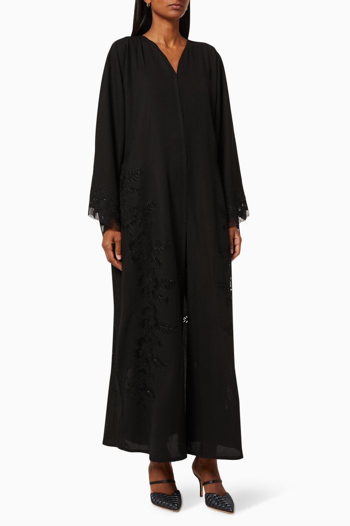 

Abaya with Floral Embroidery, Black