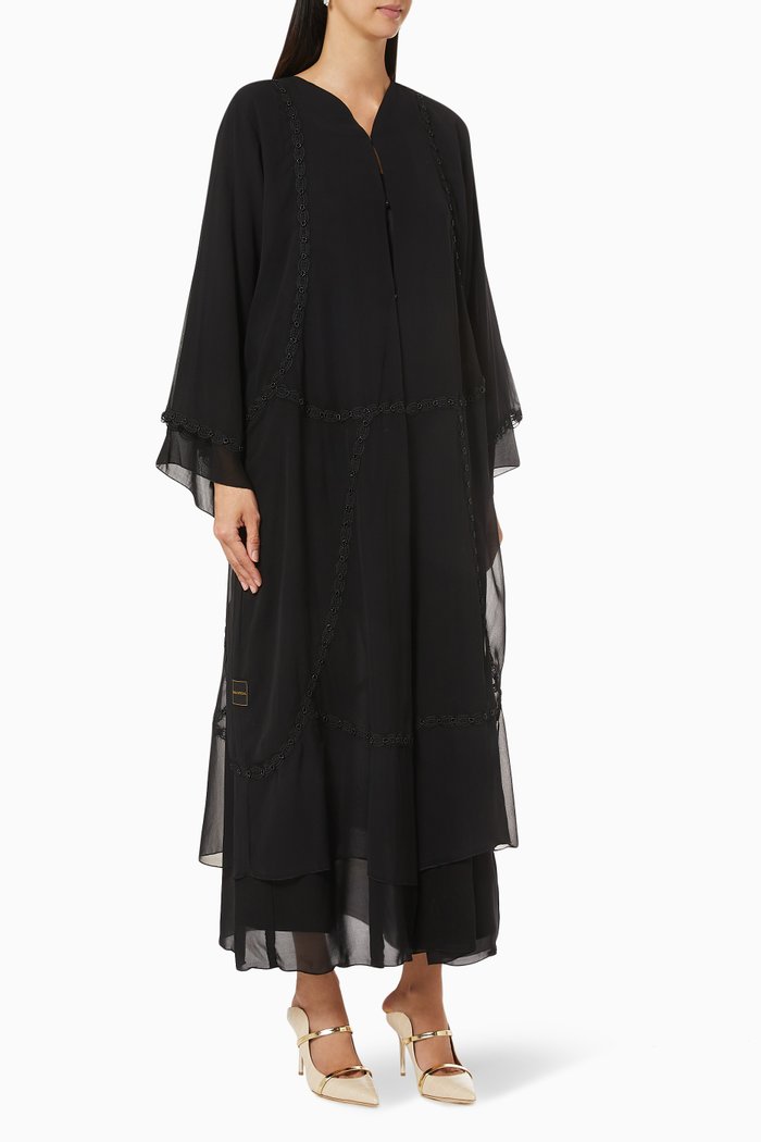 Layered Abaya with Bead Embroidery, Black