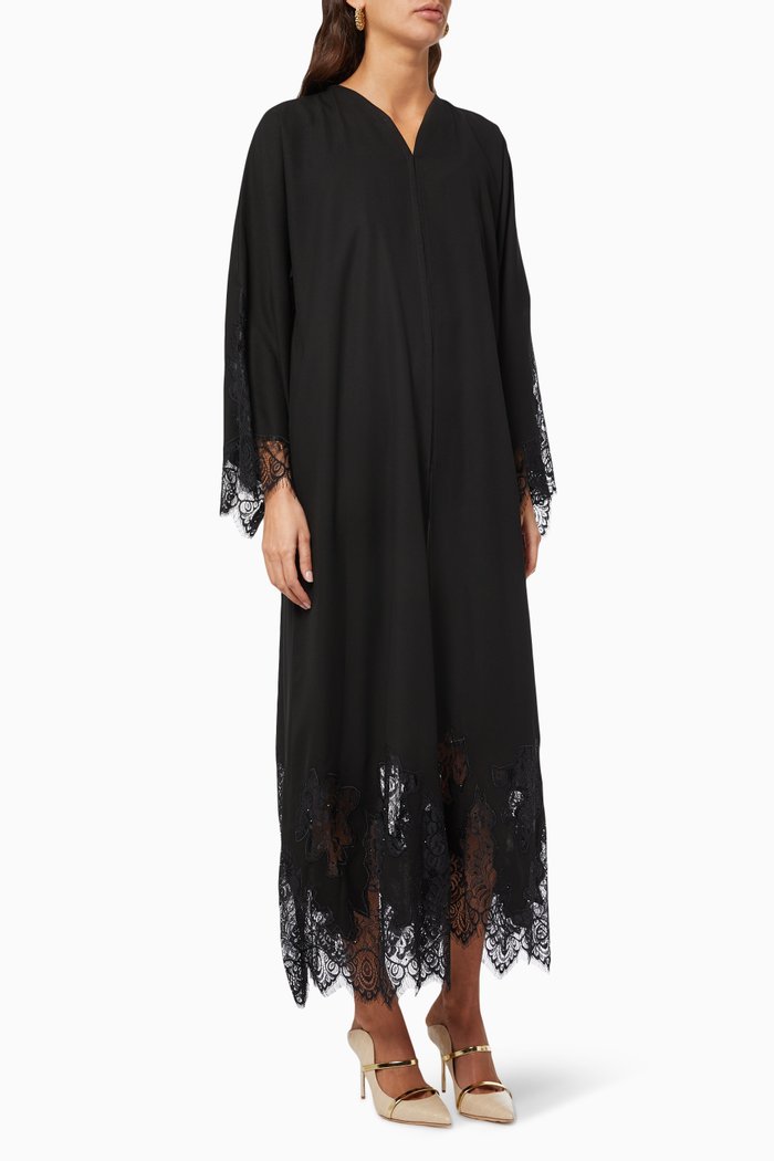 

Abaya with Floral Lace Trim, Black